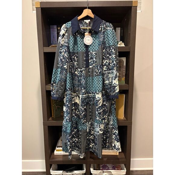 NWT Umgee Blue & White Pachwork Midi Length Dress Size Small - Picture 2 of 6